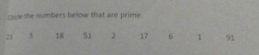 It says circle the numbers that are prime 21, 3, 18, 51, 2, 17, 6, 1, 91,-example-1