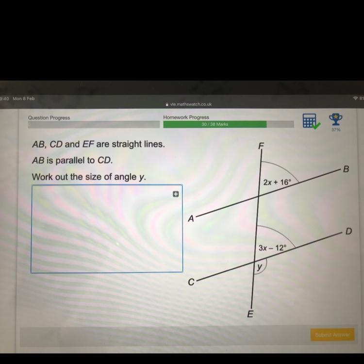 AB, CD and EF are straight lines. AB is parallel to CD. work out the size of angle-example-1