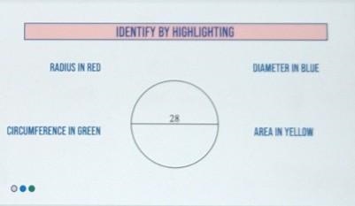 IDENTIFY BY HIGHLIGHTING RADIUS IN RED DIAMETER IN BLUE 28 CIRCUMFERENCE IN GREEN-example-1