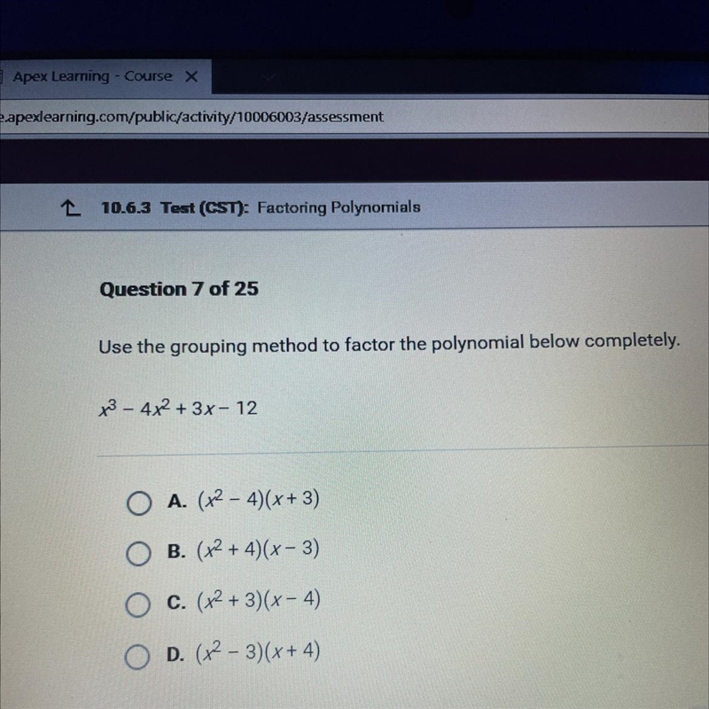 Use the grouping method to factor the polynomial below completely. X3 – 4x2 + 3x- 12-example-1