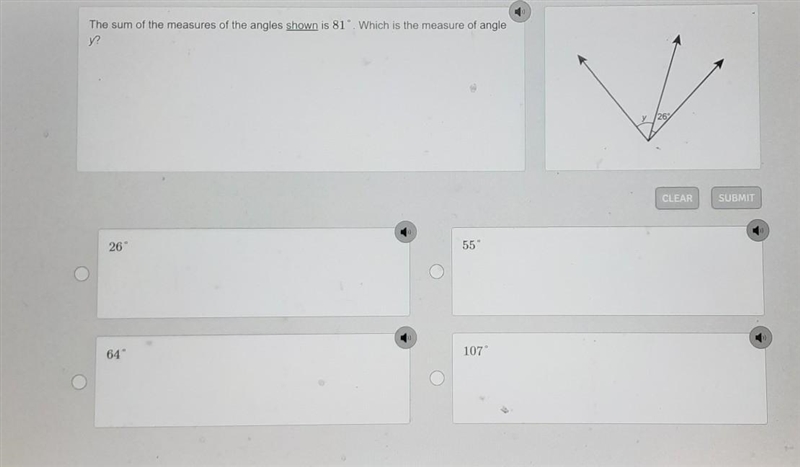 The sum of the measures of the angles shown is 81°. Which is the measure of angle-example-1