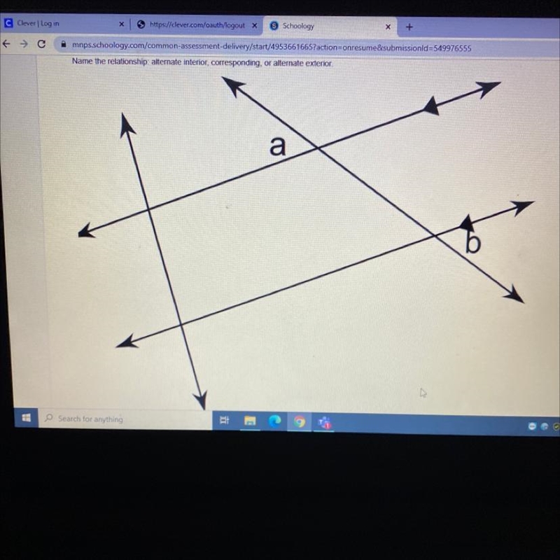 Name the relationship: altérnate interior, corresponding, or altérnate exterior. Which-example-1