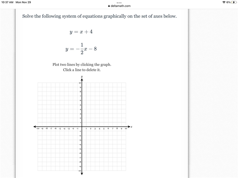 Solve the following system of equations graphically on the set of axes below.-example-1