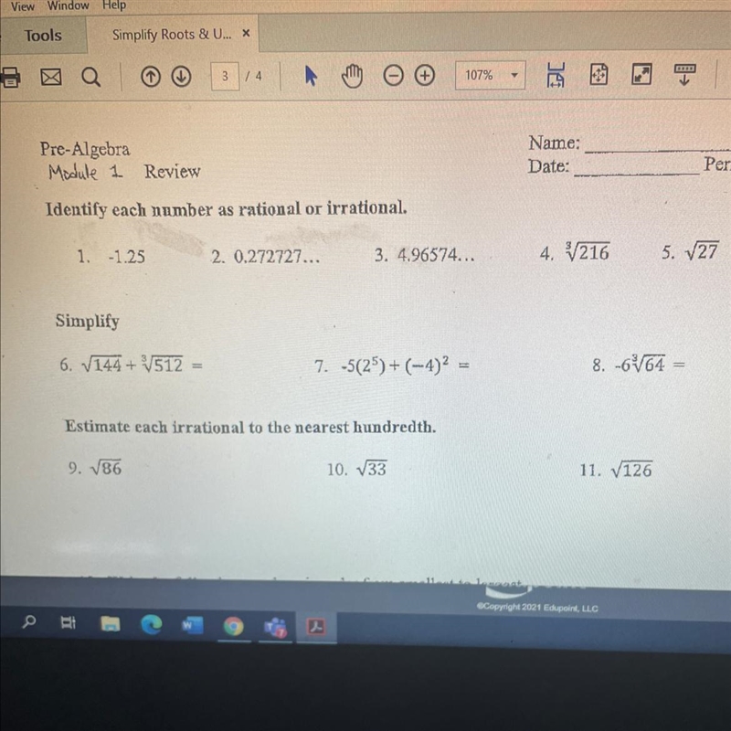 Identify each number as rational or irrational. 1. -1.25 2. 0.272727... 3. 4.96574... 4. 3216 I-example-1