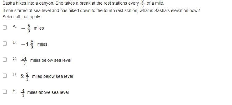 Sasha hikes into a canyon. She takes a break at the rest stations every 2/3 of a mile-example-1