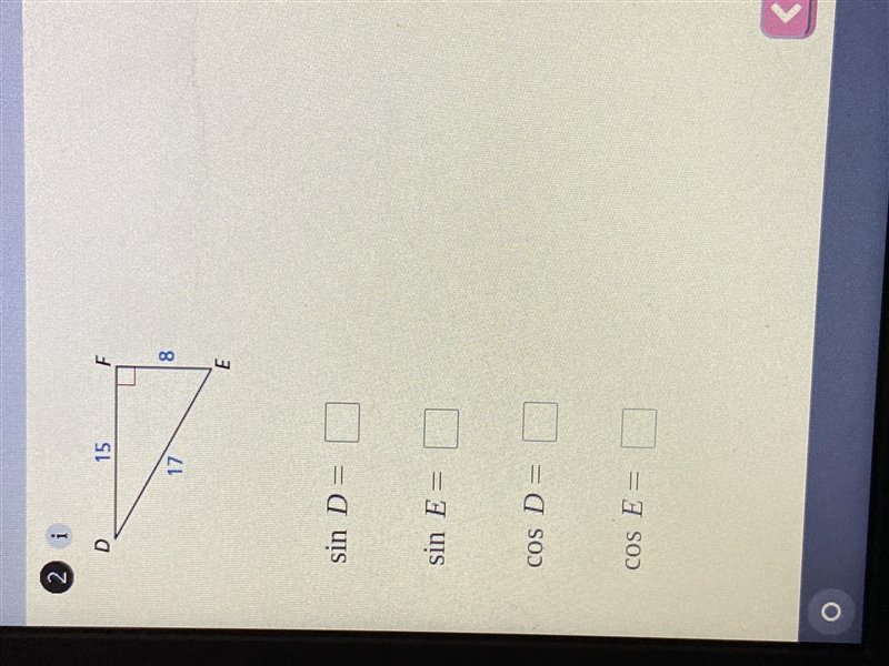 Find sin D, sin E, cos D, and cos E. Write each answer as a fraction in simplest form-example-1