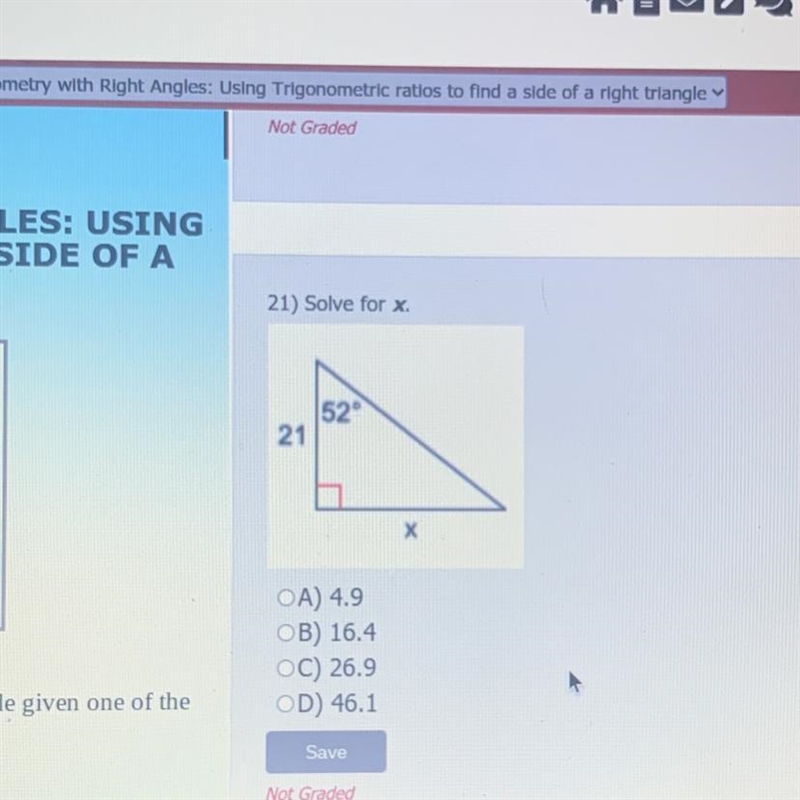 21) Solve for x. 52° 21 х-example-1