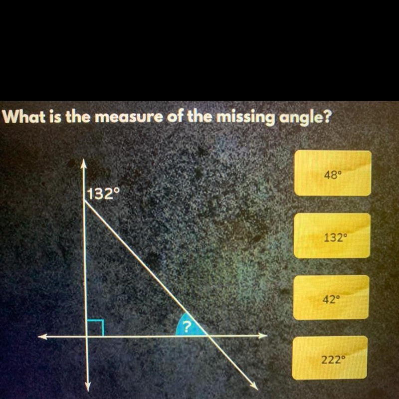 What is the measure of the missing angle￼￼￼?-example-1