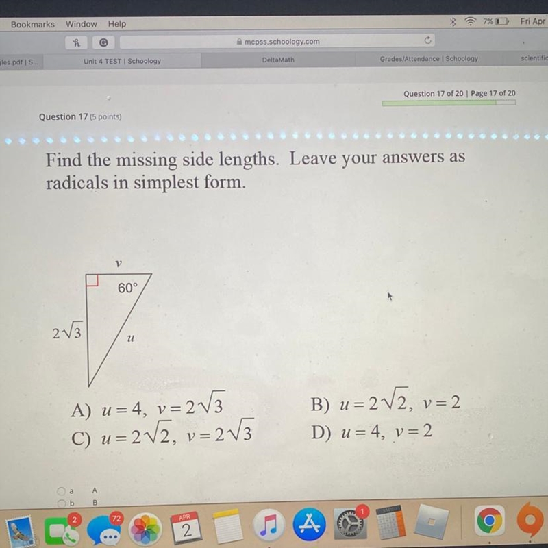 Question 17(5 points) Find the missing side lengths. Leave your answers as radicals-example-1