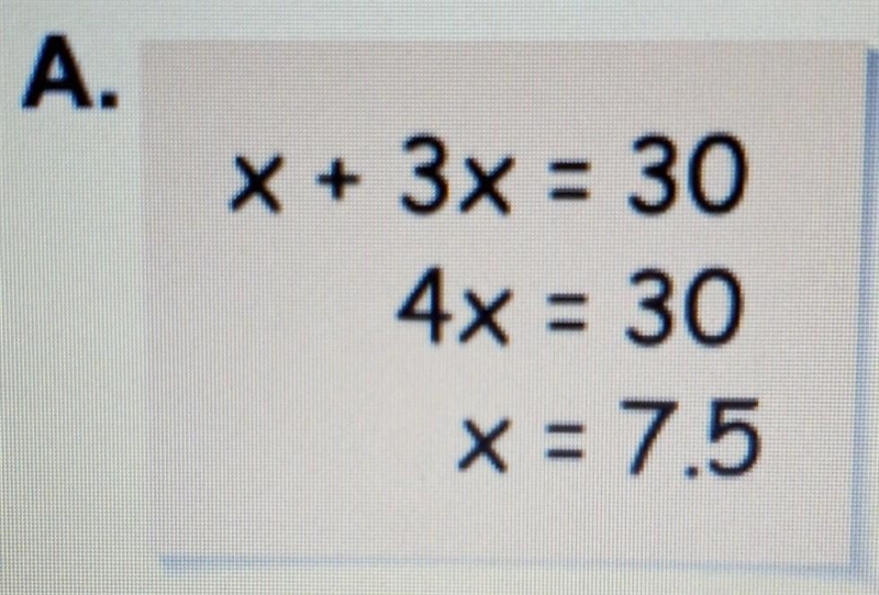 The angles of a triangles are x°, 3x° and 30°. When asked to solve for x, Alvi shows-example-1