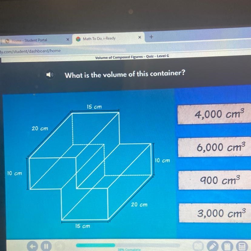 What is the volume of this container? A.4,000 cm^3 B.6,000 cm^3 C.900 cm^3 D.3,000 cm-example-1