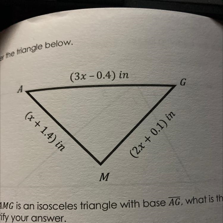 4 Consider the triangle below. Part A: If AAMG is an isosceles triangle with base-example-1