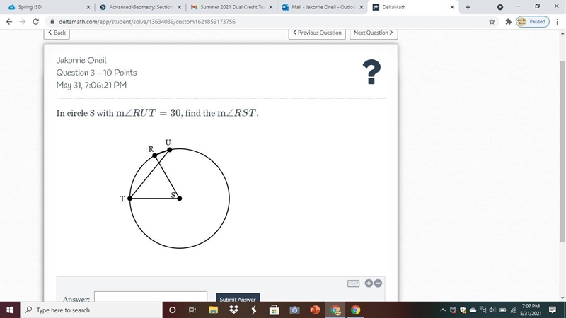 In circle S with \text{m} \angle RUT= 30m∠RUT=30, find the \text{m} \angle RSTm∠RST-example-1