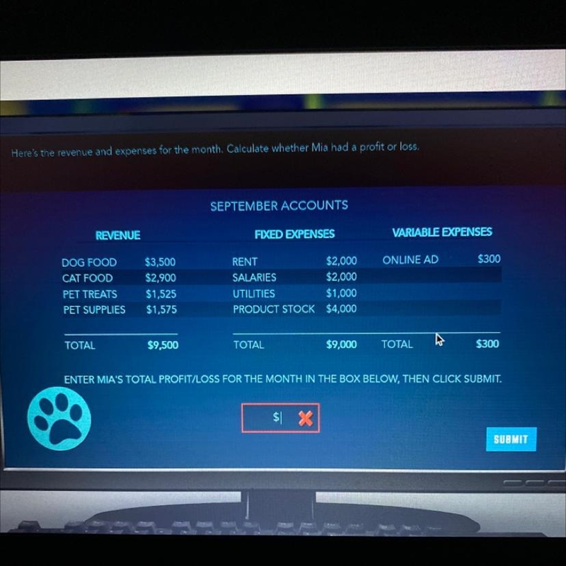 Here’s the revenue and expenses for the month. Calculate whenever Mia had profit or-example-1