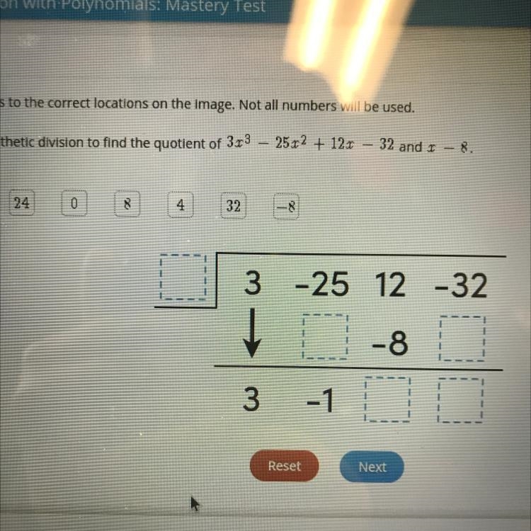 Complete the synthetic division to find the quotient of 3x^3-25x^2+12x-32 and x-8-example-1