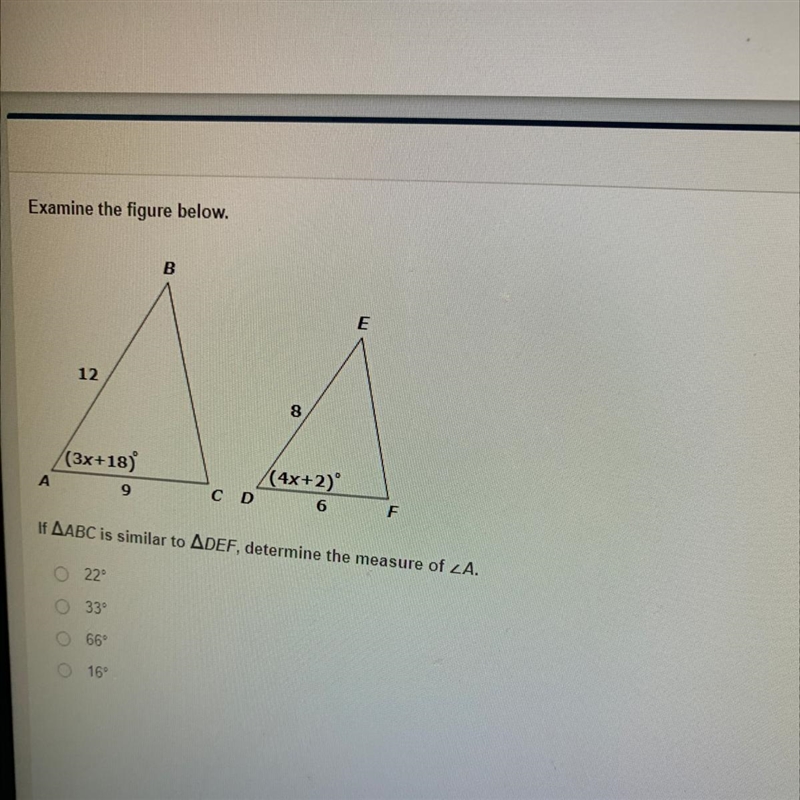 Examine the figure below. If ABC is similar to the DEF, determine the measure of-example-1