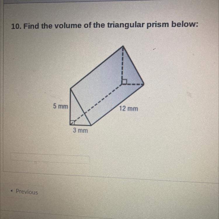 Find the volume of the triangular prism below 5mm 12mm 3mm-example-1