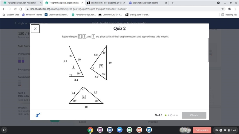 Right triangles 1, 2, 3 are given with all their angle measures-example-1