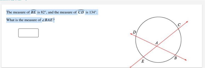 The measure of ⏜ is 82°, and the measure of ⏜ is 134°. What is the measure of ∠?-example-1