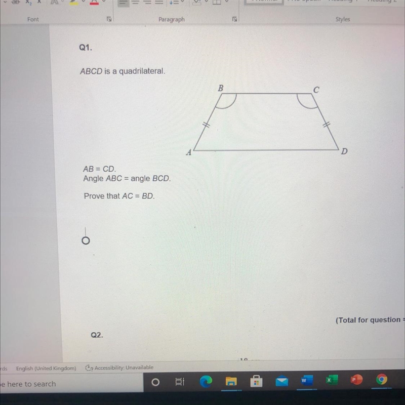 ABCD is a quadrilateral. B. С A D AB = CD Angle ABC = angle BCD. Prove that AC = BD-example-1