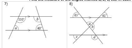 EXTRA POINTS -- Find the measure of the angles marked a, b, c, etc. in each diagram-example-1