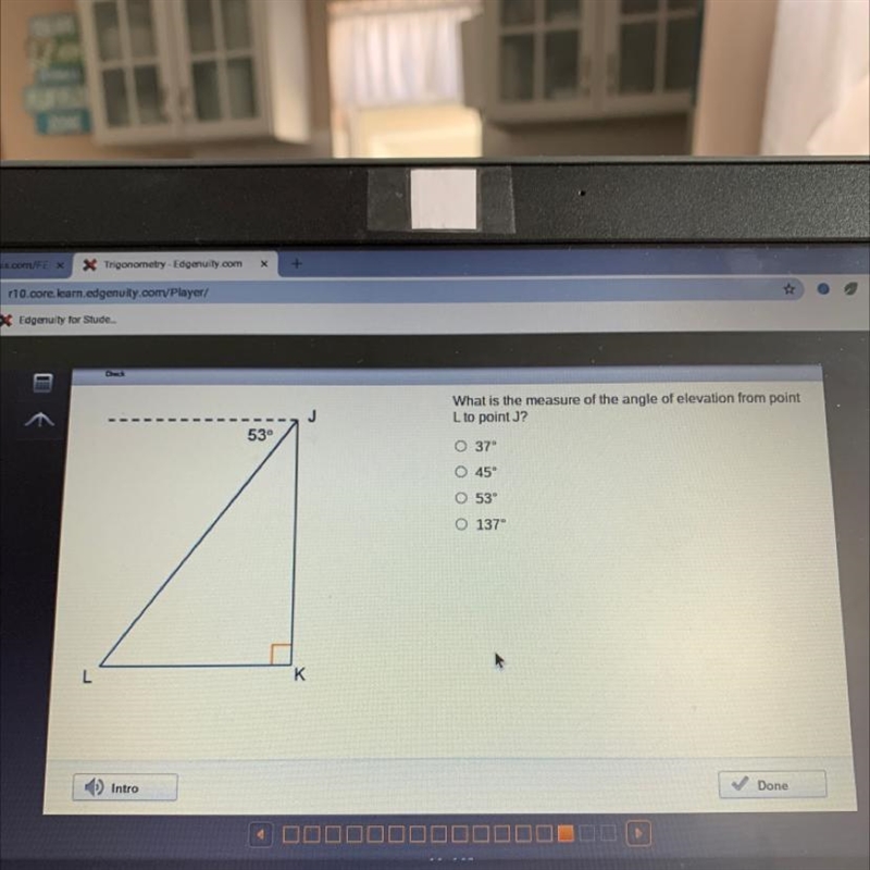 What is the measure of the angle of elevation from point L to point J? O 37° O 45° O-example-1