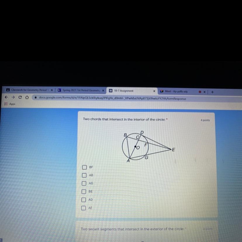 Two chords that intersect in the interior of the circle: * B. F m G BF AB AG BE AD-example-1