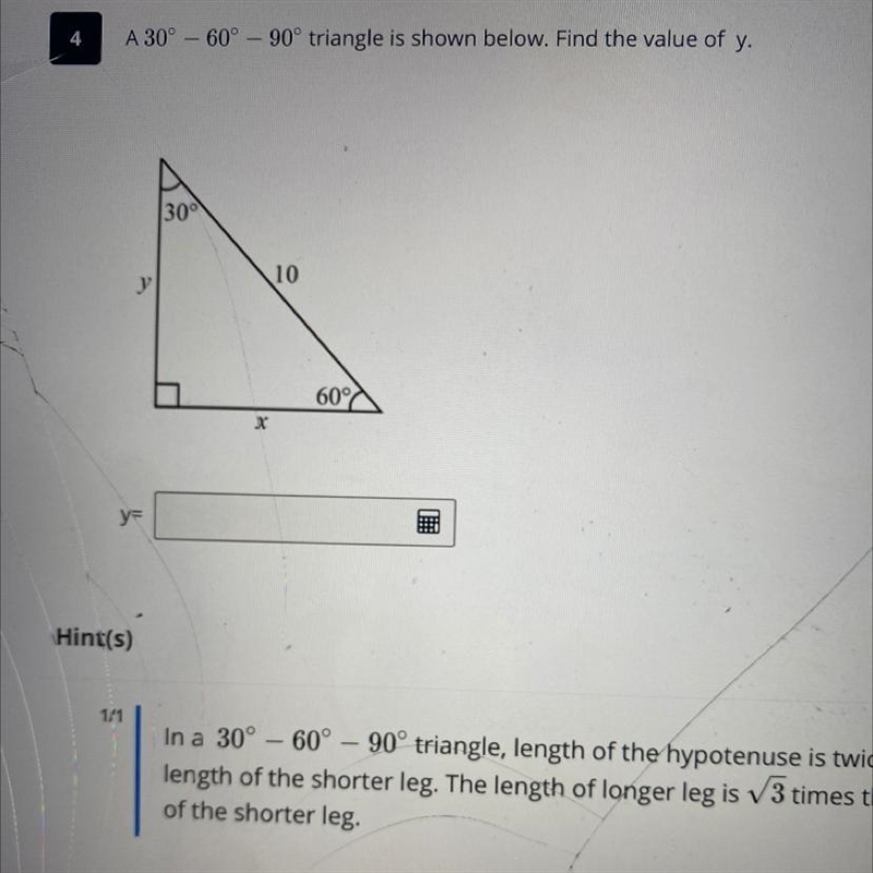 I NEED HELPPPP QUICKKKK 4 A 30° -60° - 90° triangle is shown below. Find the value-example-1