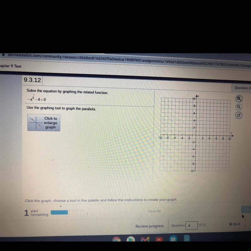 Solve the equation by graphing the related function. -x² – 4=0 Use the graphing tool-example-1