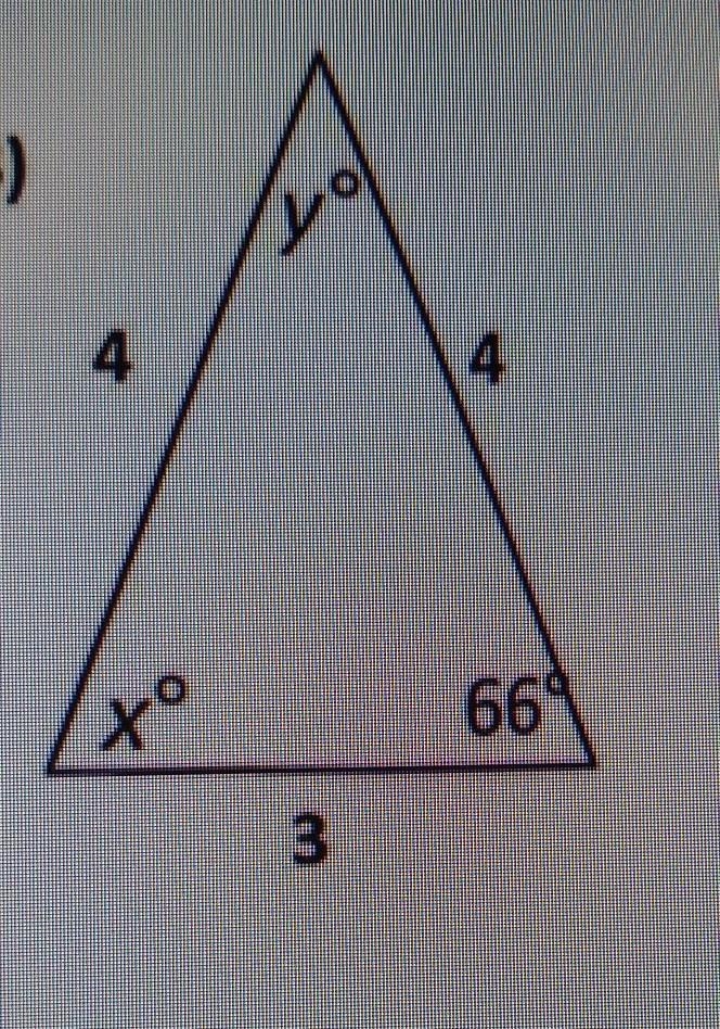 Find the values of x and y in the isosceles triangle​-example-1