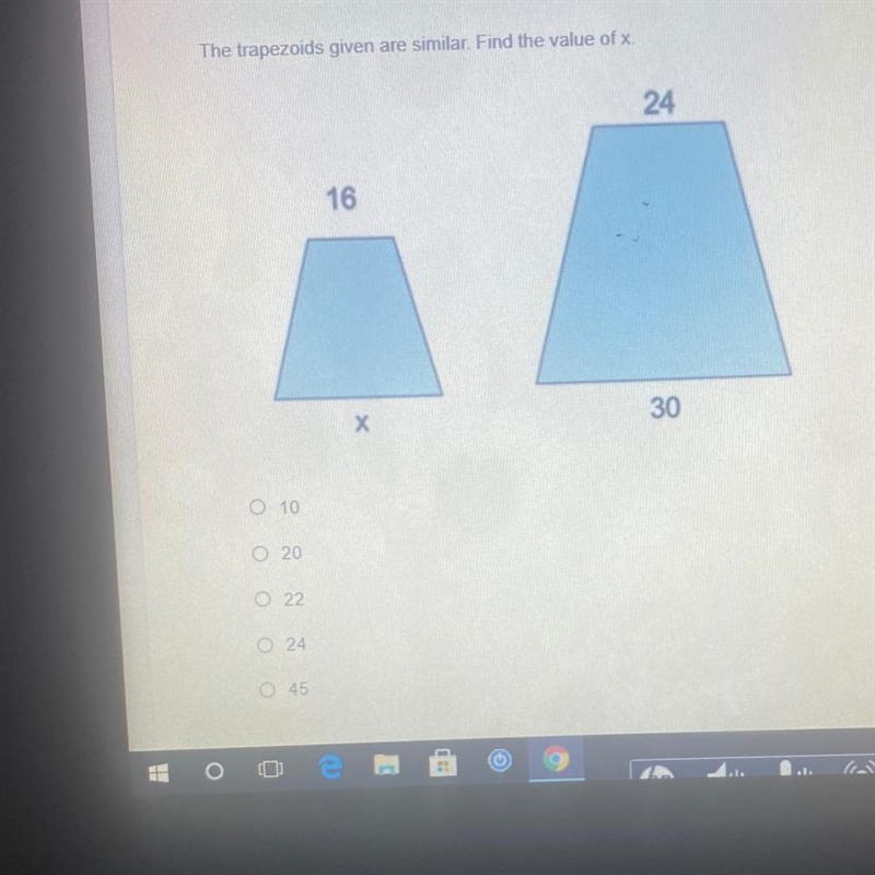 The trapezoids given are similar. Find the value of x.-example-1