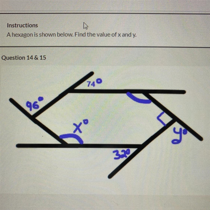 A hexagon is shown below. Find the value of c and y. What is the value of X: What-example-1