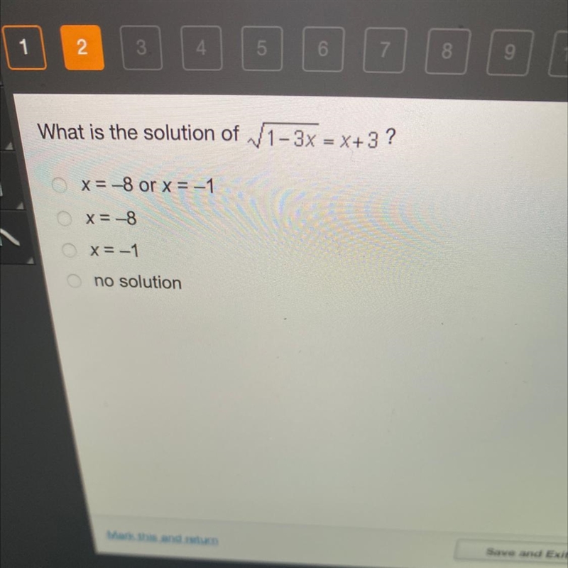 What is the solution of sqareroot 1-3x = X+3?-example-1