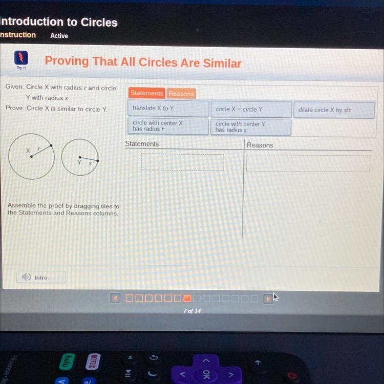 Statements Reasons Given: Circle X with radius r and circle Y with radius s Prove-example-1