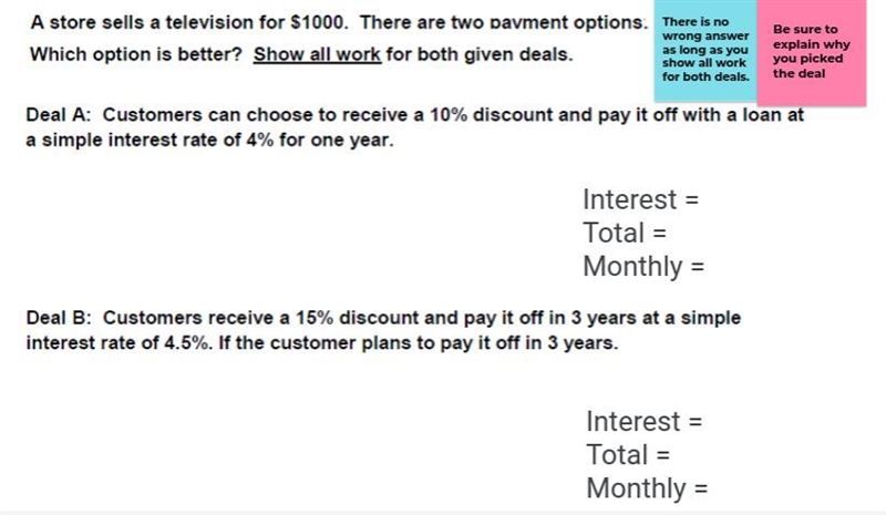 A store sells a television for $1000. There are two payment options. Which option-example-1