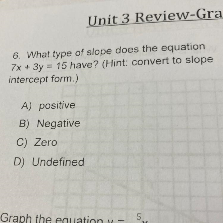 6. What type of slope does the equation 7x + 3y = 15 have? (Hint: convert to slope-example-1