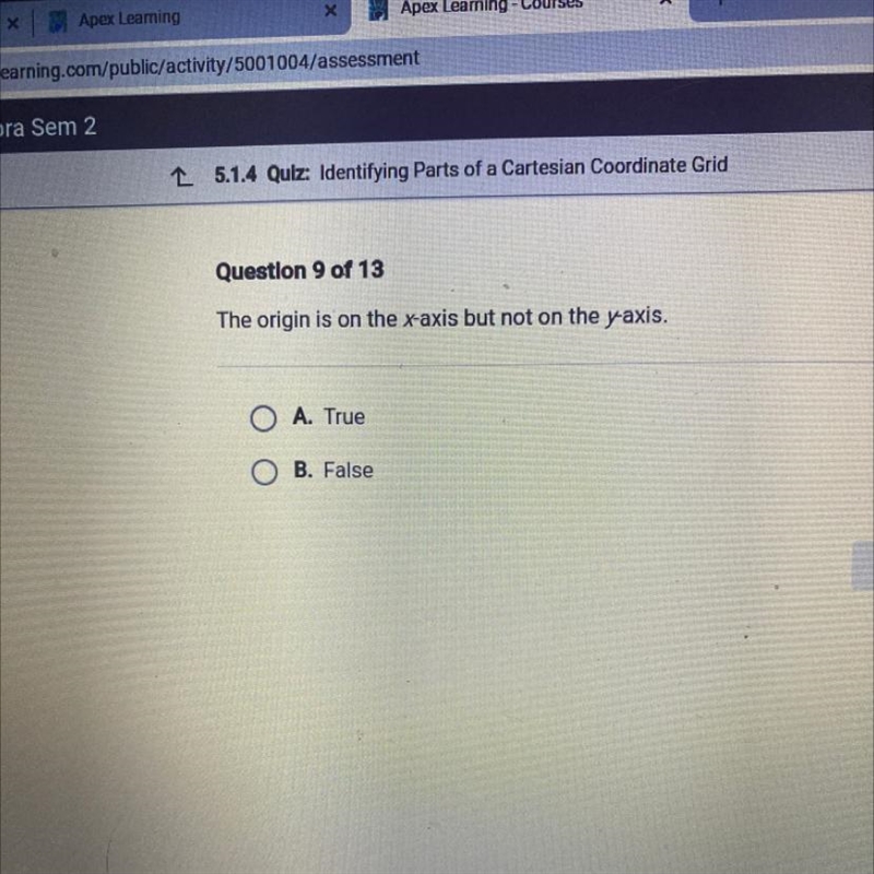 PLEASE HURRY The origin is on the x-axis but not on the yaxis. O A. True O B. False-example-1