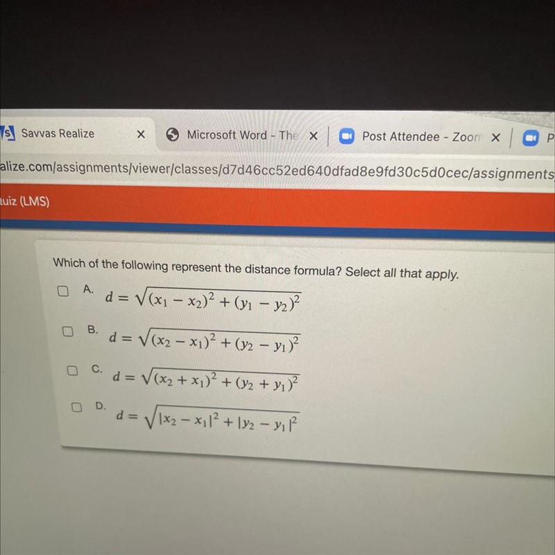 Please help me with my math!!! Which of the following represent the distance formula-example-1