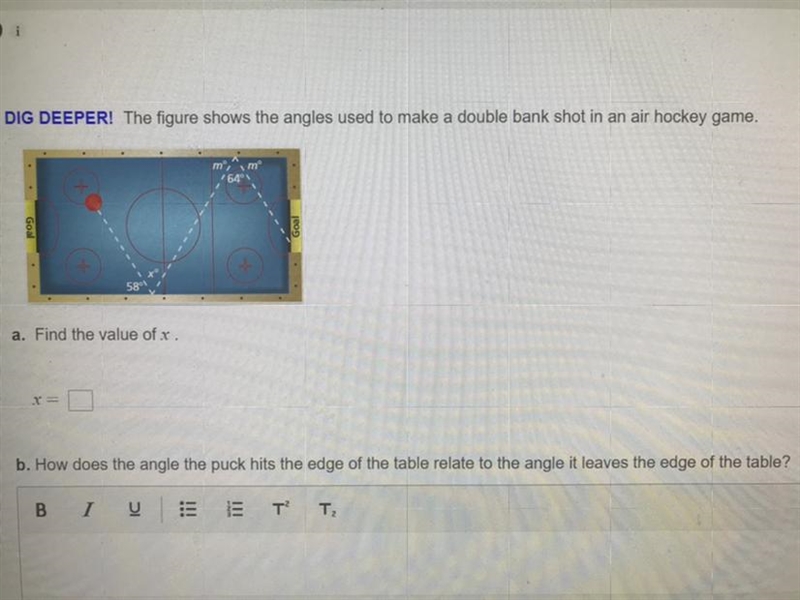 The figure shows the angles used to make a double bank shot in an air hockey game-example-1