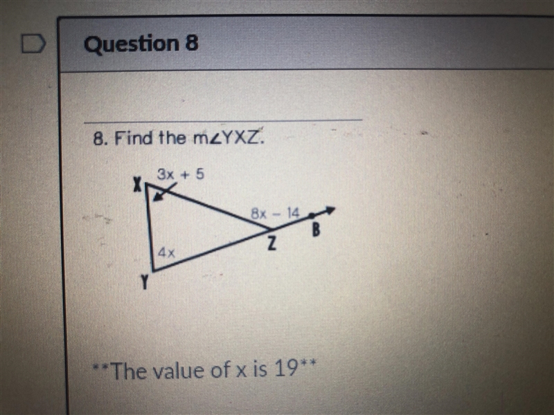 Find the measure of angle YXZ A.75 B.62 C.78 D.45-example-1