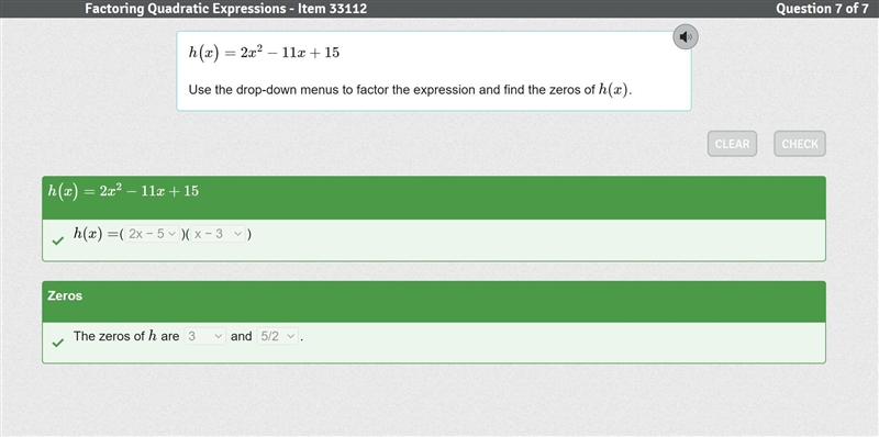 H(x)=2x^2−11x+15 Use the drop-down menus to factor the expression and find the zeros-example-1