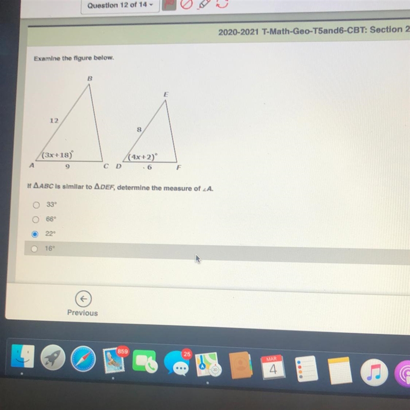 If ABC is similar to DEF, determine the measure of A-example-1