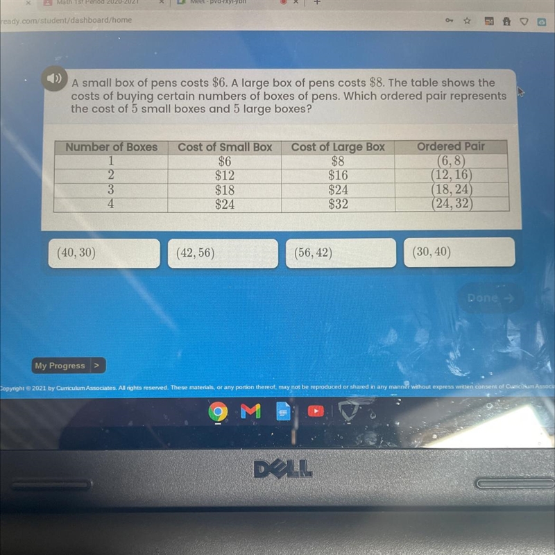 A small box of pens costs $6. A large box of pens costs $8. The table shows the costs-example-1