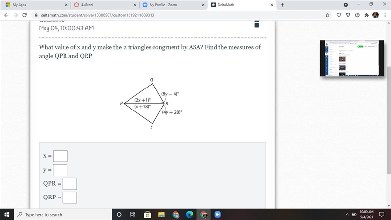 What value of x and y makes the 2 triangles congruent by ASA? Find the measures of-example-1