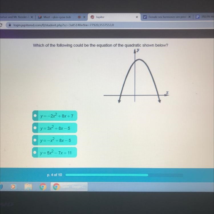 Which of the following could be the equation of the quadratic shown below?-example-1