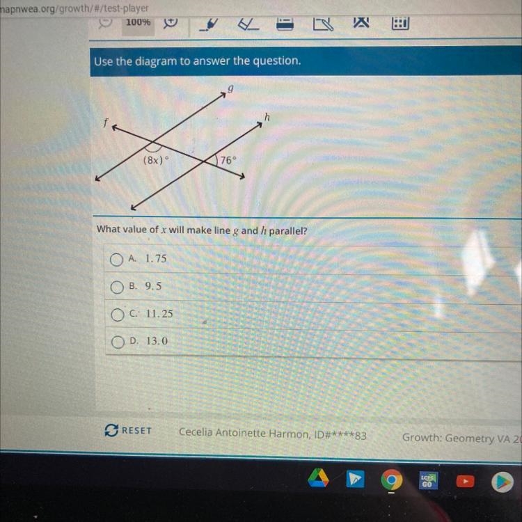 What value of x will make line G and H parallel-example-1