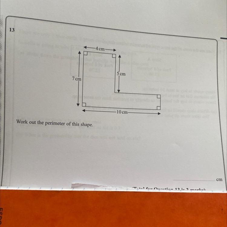 4 cm 5 cm 7 cm 10 cm Work out the perimeter of this shape.-example-1