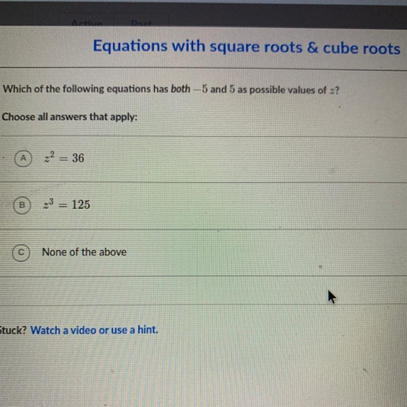 Equations with square roots & cube roots Which of the following equations has-example-1