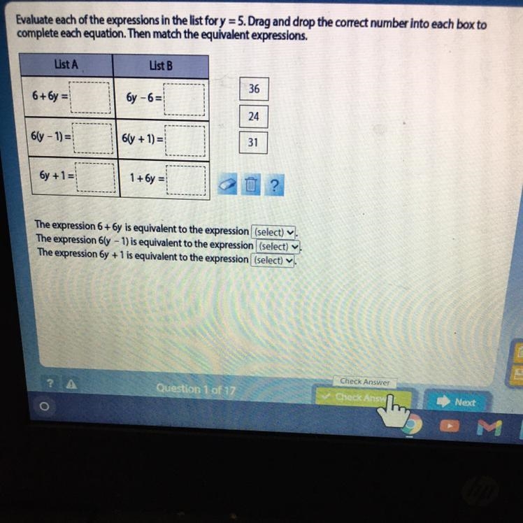 Evaluate each of the expressions in the list for y = 5. Drag and drop the correct-example-1