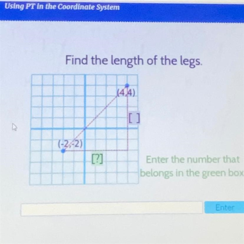 Please please help Using PT in the Coordinate System Find the length of the legs. (4.4) (-2,-2) [?] Enter-example-1